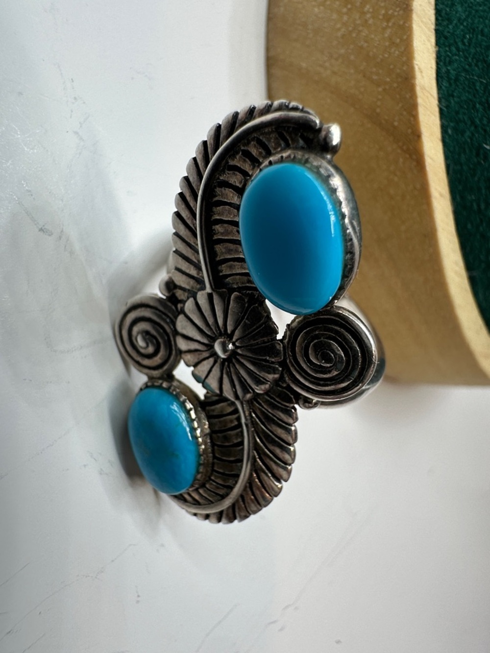 Turquoise Double-Stone Sterling Silver Feather Flower Ring - Picture 12 of 15